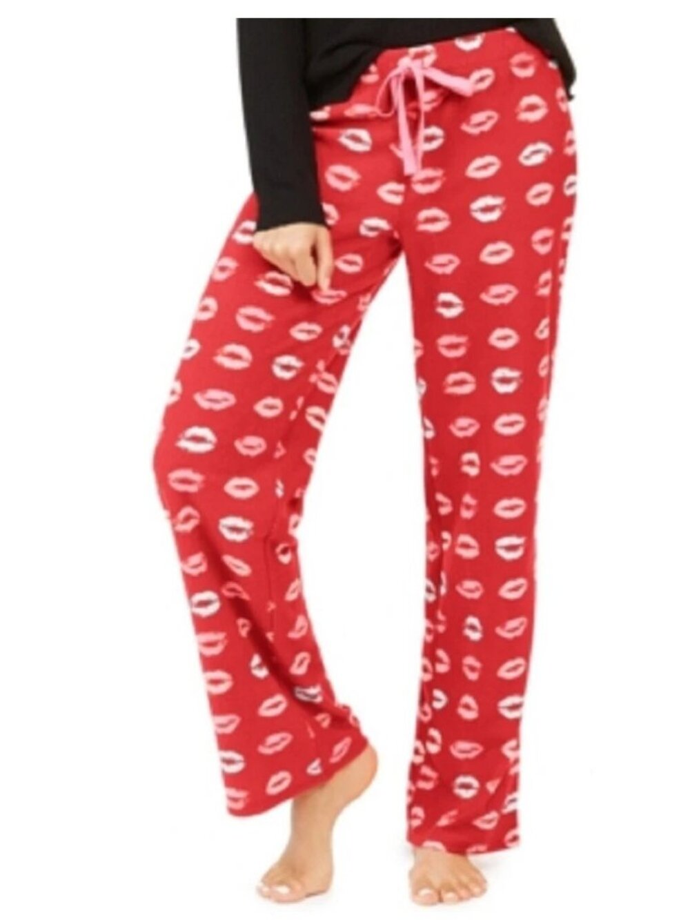 Jenni Women's 100% Polyester Fleece Pajama Lounge Pants, Red Kiss Lipstick Print